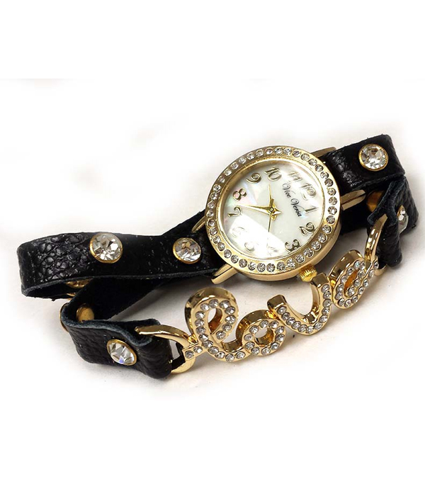 Love theme crystal stud leather wrap band watch