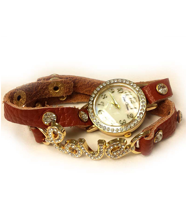 Love theme crystal stud leather wrap band watch