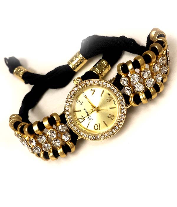 Crystal and brass metal adjustable yarn band watch