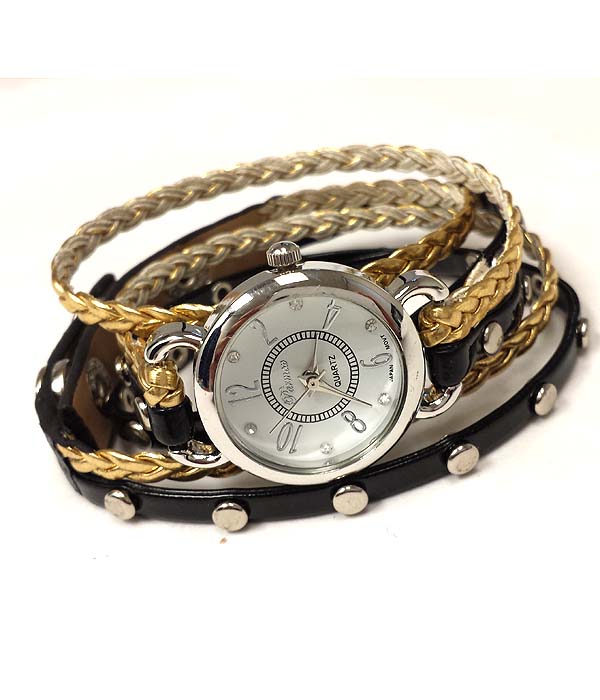 Metal stud braided metallic  wrap band watch 