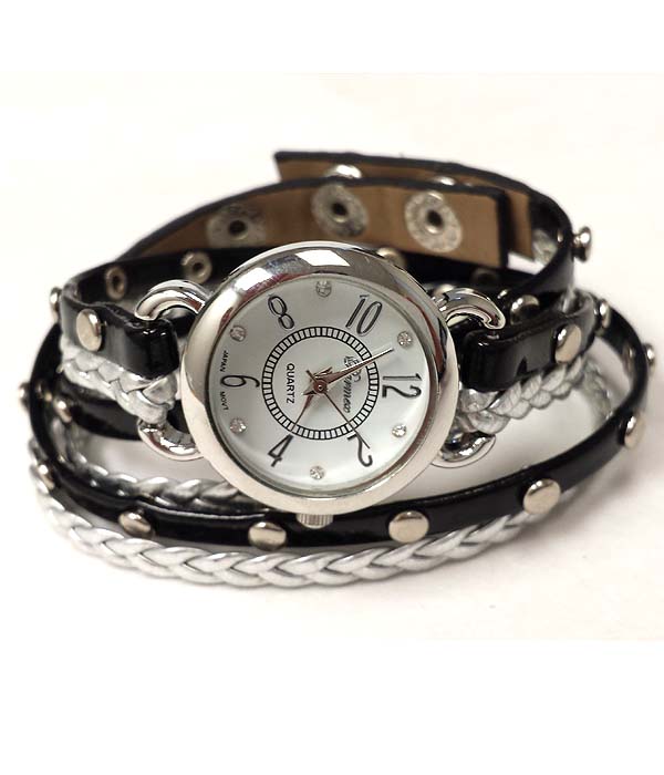 Metal stud braided metallic  wrap band watch 