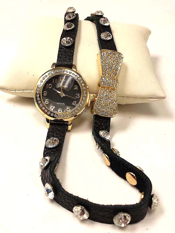 Bow accent crystal stud leather wrap band watch