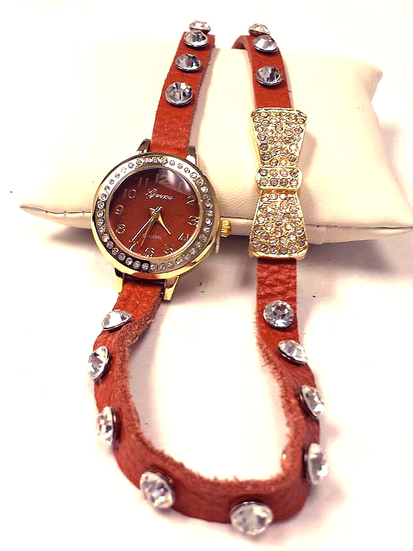 Bow accent crystal stud leather wrap band watch