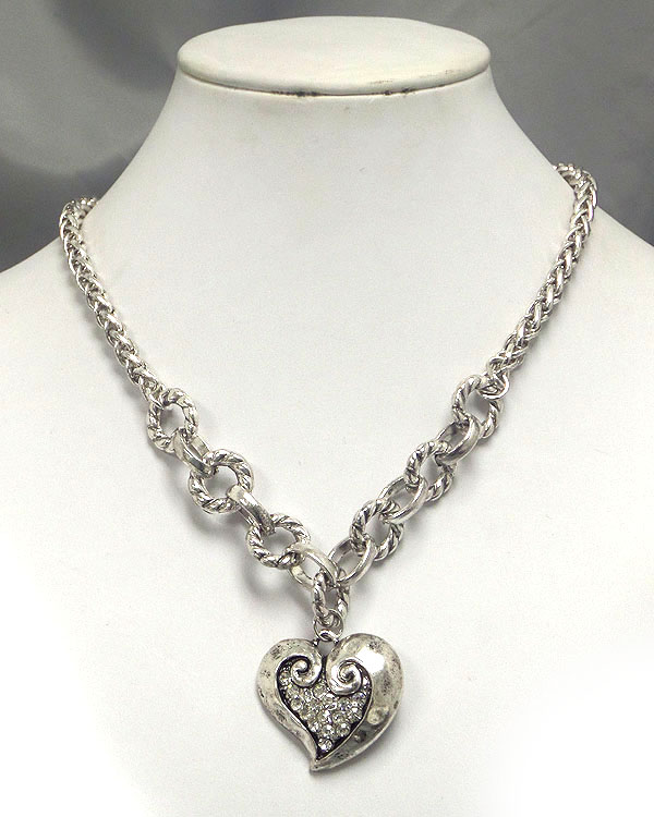 Crystal on metal filigree heart necklace