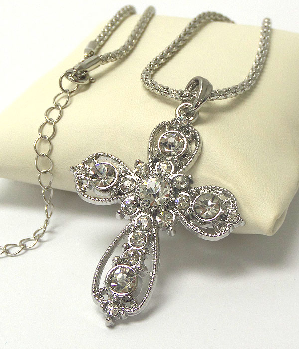 Crystal and metal filigree cross pendant necklace
