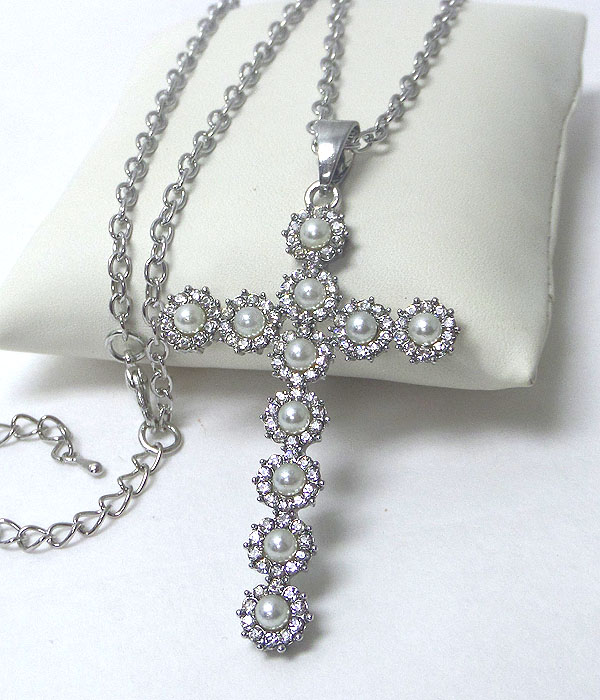 Crystal and pearl cross pendant necklace