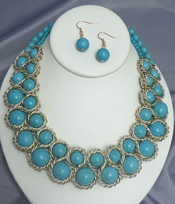 Multi turquoise and metal chain link necklace earring set