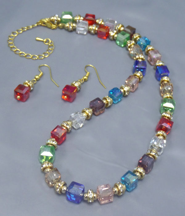 Multi crystal rondelle and crystal cube necklace earring set