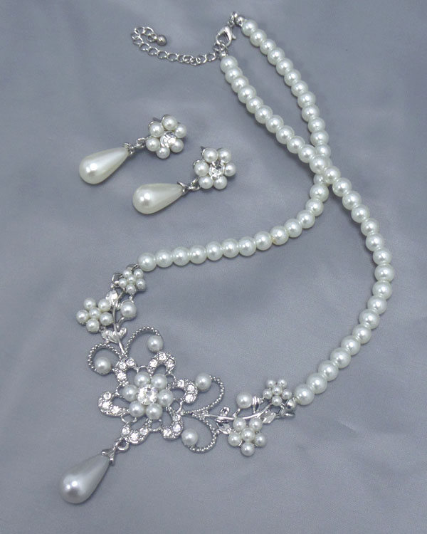 Multi crystal and pearl chain necklace earring set