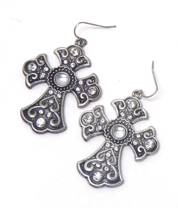 Crystal on metal filigree cross earring