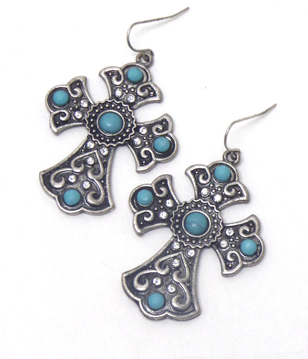 Crystal on metal filigree cross earring