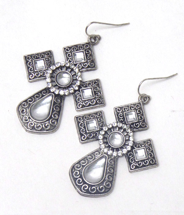 Crystal on metal filigree cross earring