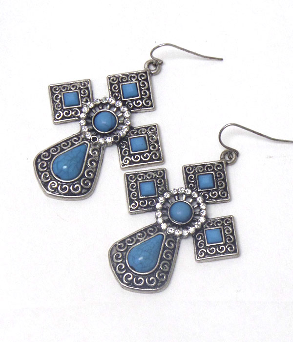 Turquoise on metal filigree cross earring