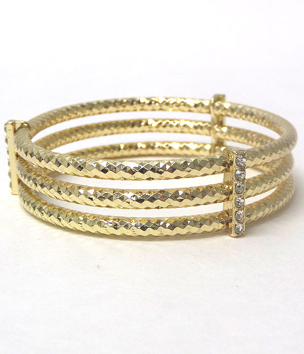Crystal bar and triple textured metal tube stretch bracelet