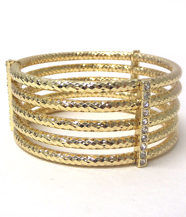 CRSYTAL BAR AND FIVE TEXTURED METAL TUBE STRETCH BRACELET