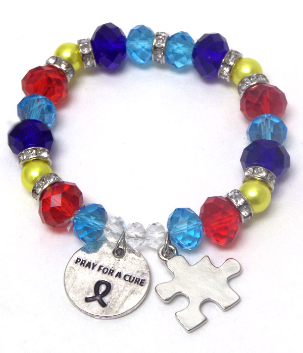 Crystal rondelle and color stone mix autism theme stretch bracelet