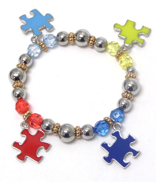 Metal ball and puzzle piece charm autism theme stretch bracelet