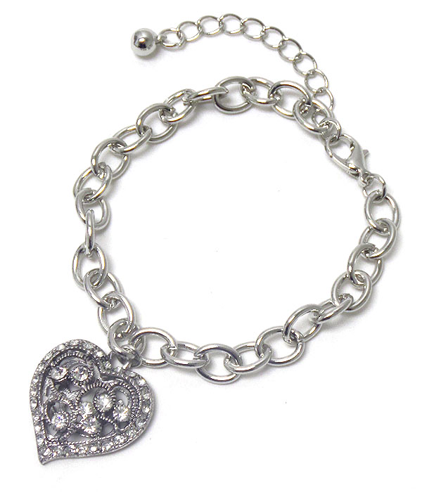 Crystal on metal filigree heart charm bracelet