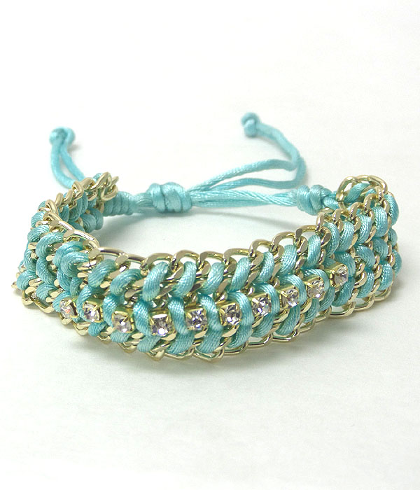 Crystal accent metal chain and fabric cord woven friendship bracelet