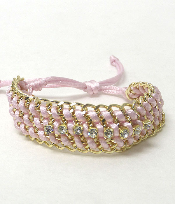 Crystal accent metal chain and fabric cord woven friendship bracelet