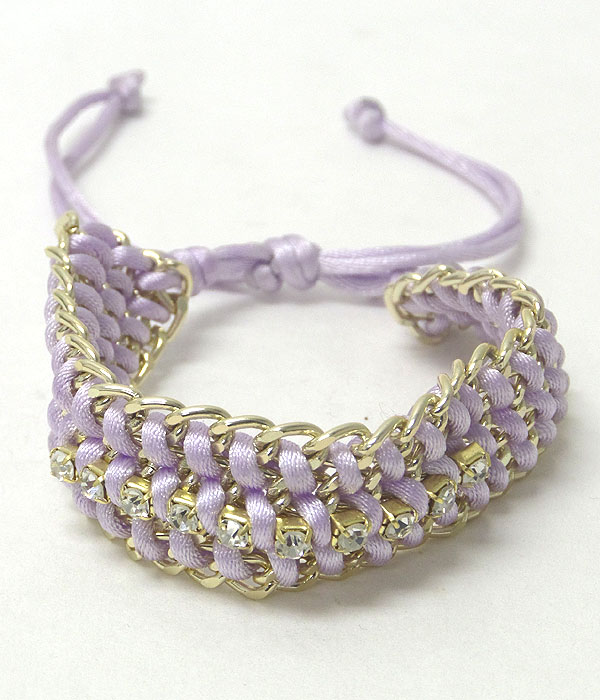 Crystal accent metal chain and fabric cord woven friendship bracelet