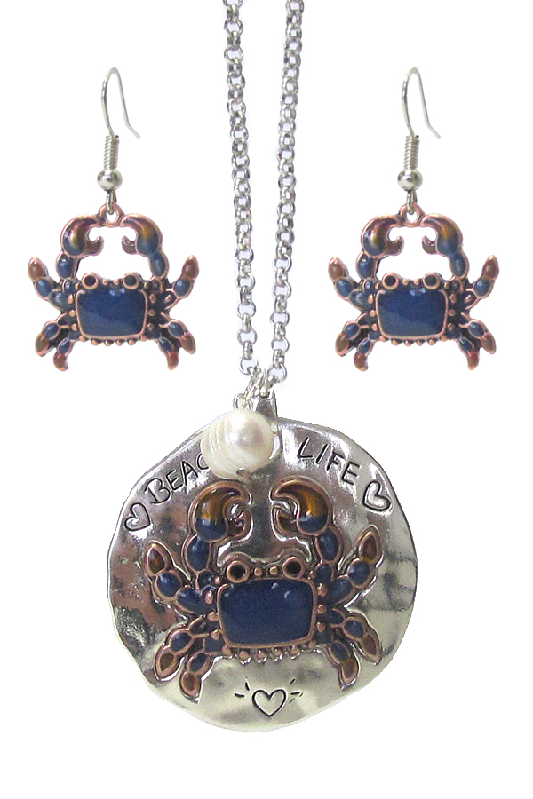 Sealife theme rustic metal pendant long necklace set - beach life