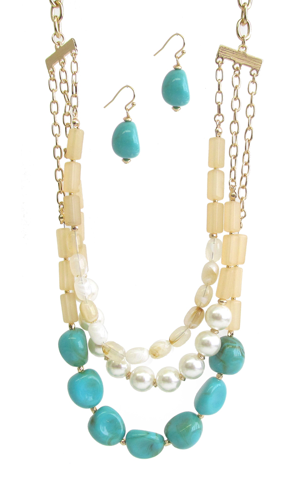 PEARL AND TORQUOISE MIX THREE LAYER NECKLACE SET
