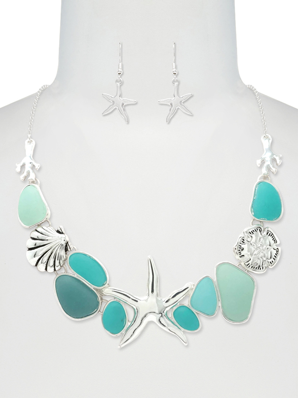 Sealife theme multi sea glass mix necklace set - starfish