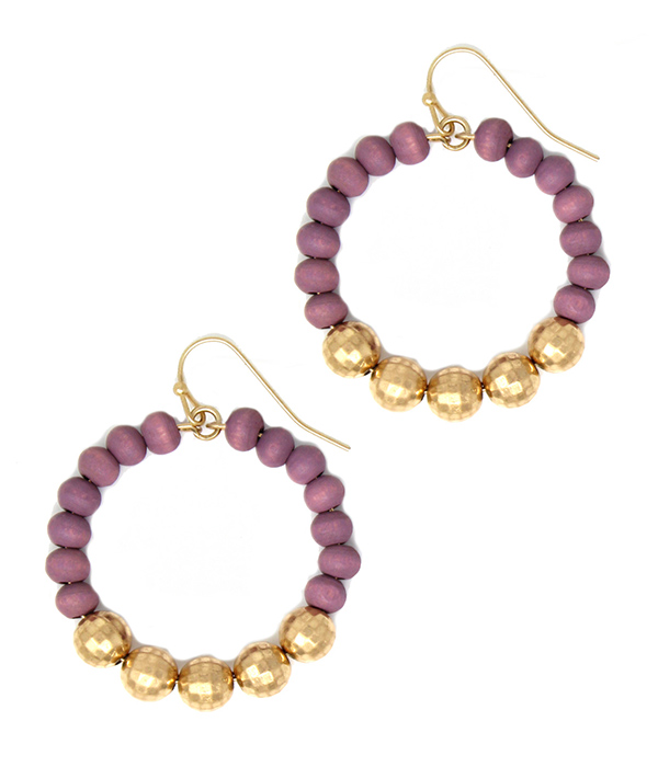Wood and metal ball bead mix hoop earring