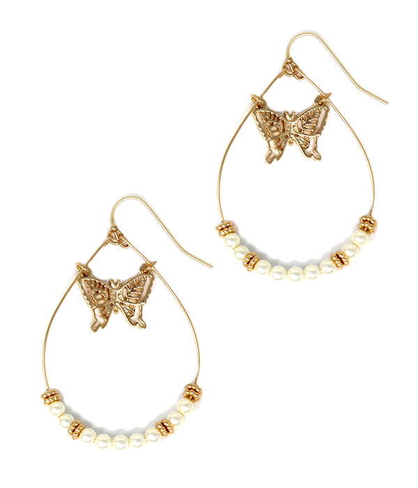 Butterfly center wire metal teardrop hoop earring