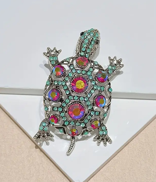 Crystal turtle brooch