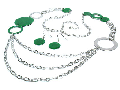Acryl disk and metal chain link long necklace and earring set