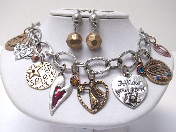 Antique style inspiration message disk dangle necklace earring set