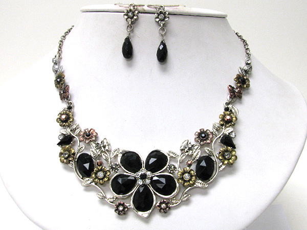 Facet glass stone and crystal flower deco metal link necklace earring set