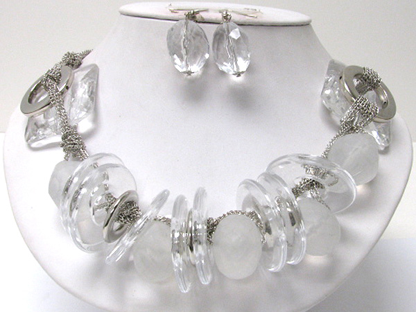 Multi lucite ice disk and ball and metal chain link necklace earring set - nude fashion trend
