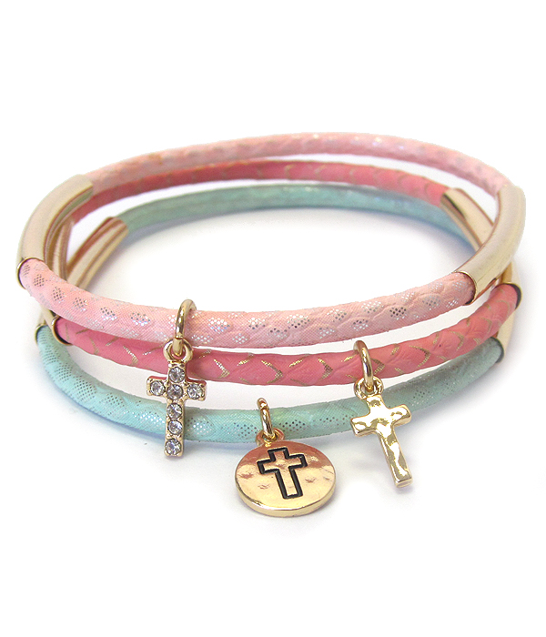 Cross charm triple leather band bracelet set
