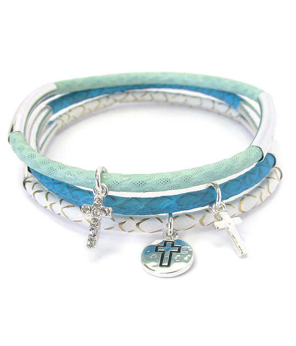 Cross charm triple leather band bracelet set