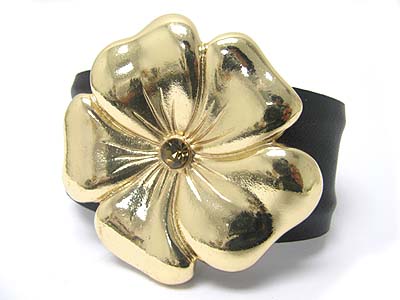 CRYSTAL STUD LARGE METAL FLOWER TOP CUFF LEATHER WRAPPED METAL BANGLE