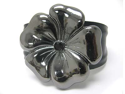 Crystal stud large metal flower top cuff leather wrapped metal bangle