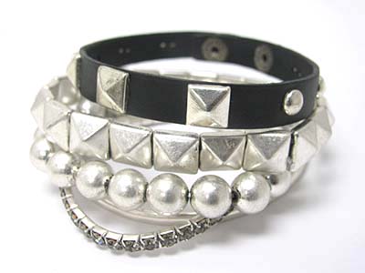 RHINESTONE AND MIXED METAL STRETCH AND LEATHER BAND BRACELET