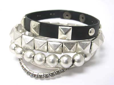 Rhinestone and mixed metal stretch and leather band bracelet