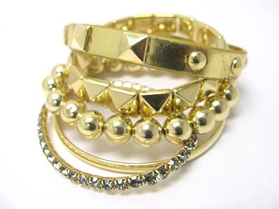 RHINESTONE AND MIXED METAL STRETCH AND LEATHER BAND BRACELET