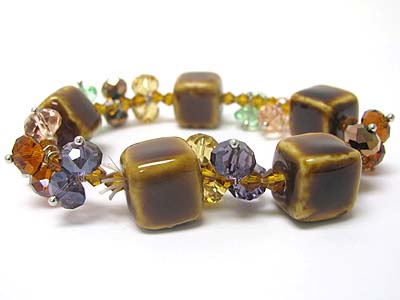 Crystal cut glass and ceramic cube stretch bracelet