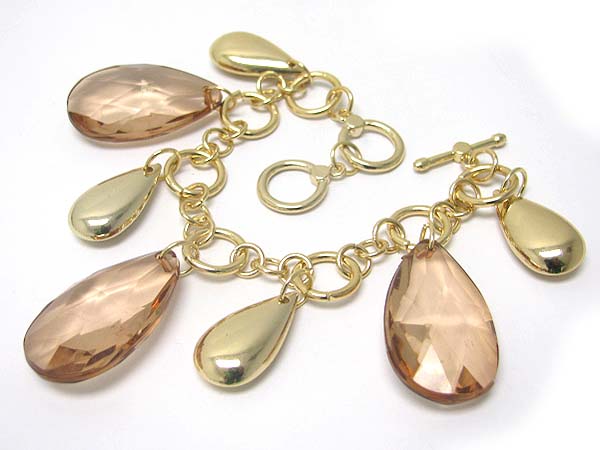 Facet glass and metal big tear drop charm toglge bracelet