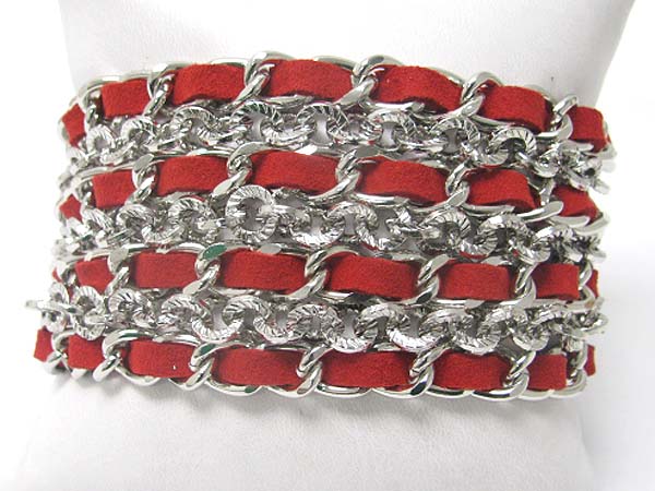 Valentine color suede and metal chain wooven bracelet