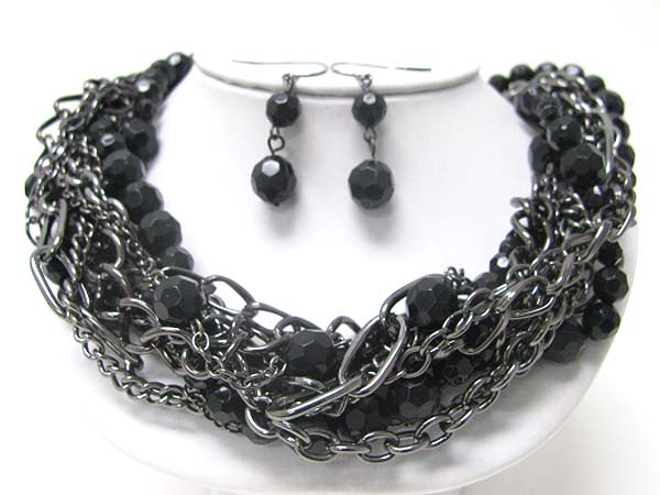 Facet glass beads and multi row chain tangle necklace earring set 