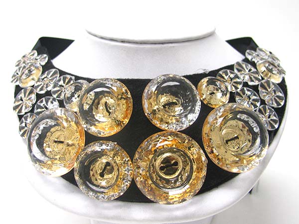 CRYSTAL BEADS AND ACRYL BUTTON FABRIC BIB STYLE NECKLACE 