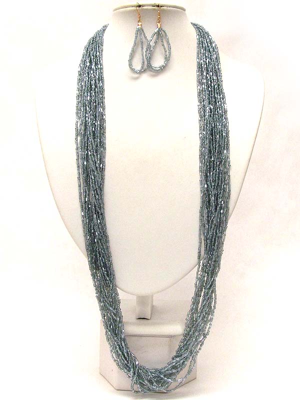 Multi layer seed beads drop long necklace earring set