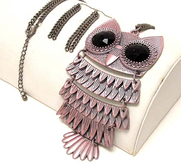 Crystal eye very large owl and long chain necklace earring set