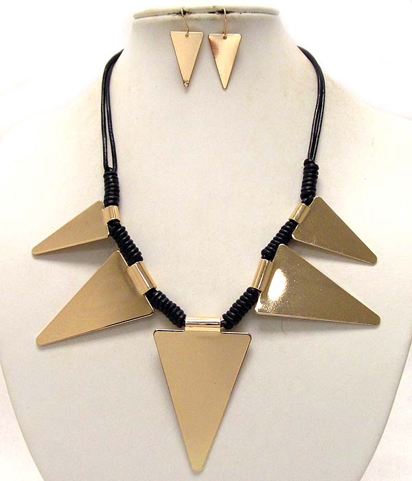Multi metal triangle link and cord chain azteca necklace earring set -western